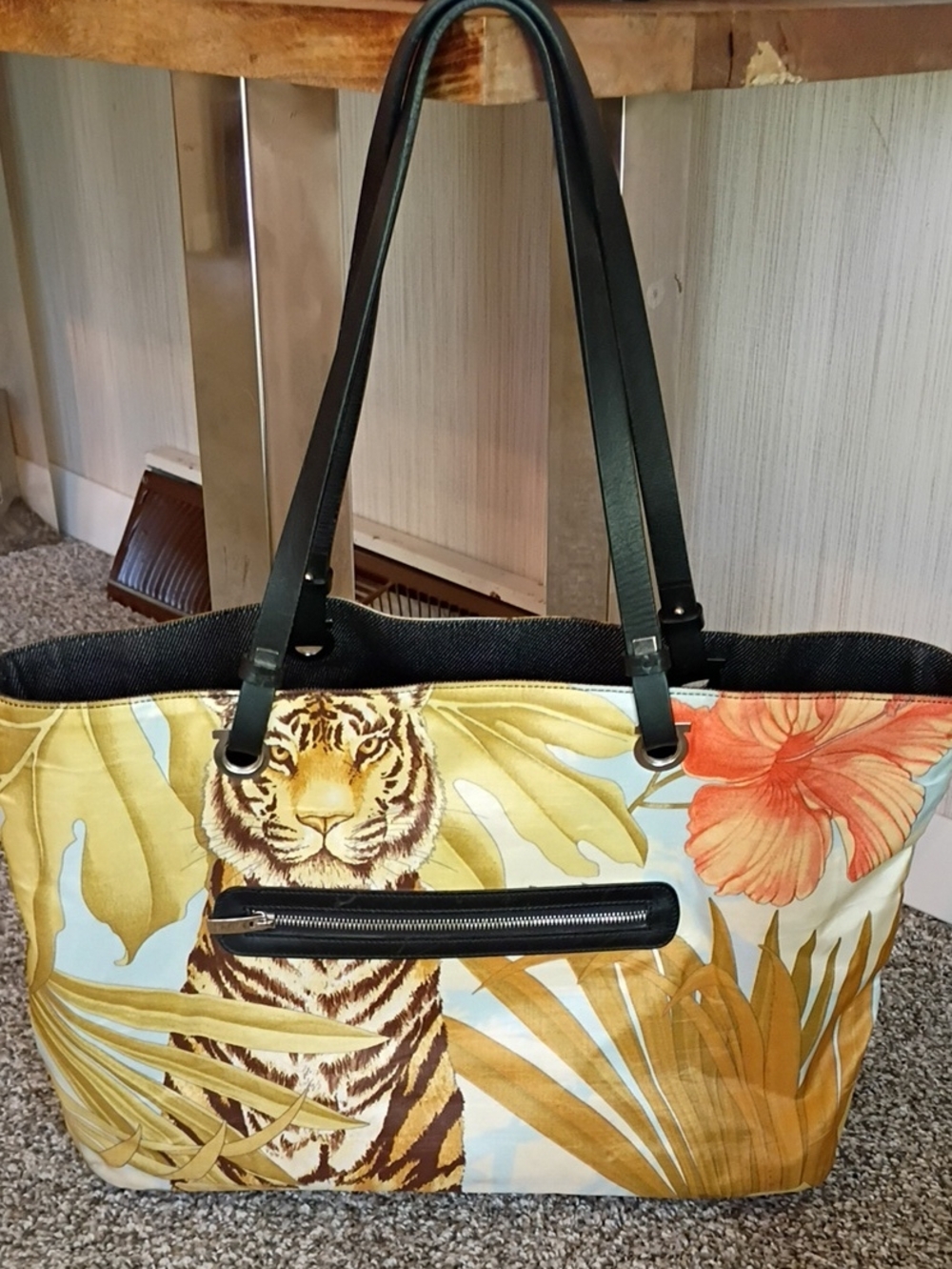 Tiger Print Canvas Tote Bag with Black Handles